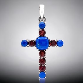 Spiritual Sterling Silver Cross Pendant with Blue Ceruleite & Garnet