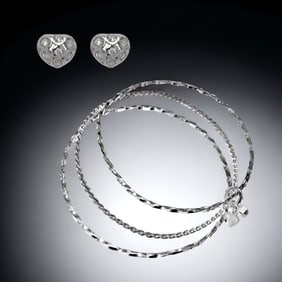 Sterling Silver Bangle Set and sparkling Simulated Diamond Sterling Silver Heart Earrings