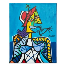 Attributed and in the Style of Pablo Picasso - Painting of Woman with Blue Background