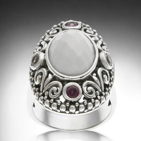 White Agate Sterling Silver Ring with Rhodolite Garnet and sparkling White Topaz - Size 6