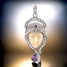 Exotic Balinese Goddess Carved Bone Face Pendant with Amethyst crafted in Sterling Silver