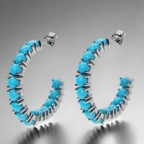 Southwest style Turquoise Inside Outside Sterling Silver Hoop Earrings