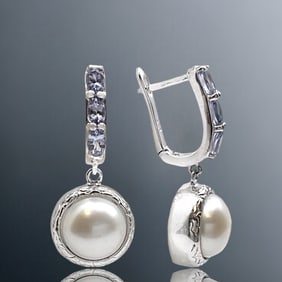 Stunning White Pearl Sterling Silver Earrings adored with Tanzanite
