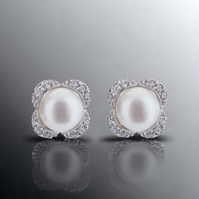Classic Pearl Sterling Silver Earrings with Simulated Diamond accents