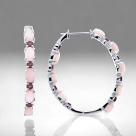 Exquisite Pink Opal & Garnet Sterling Silver Hoop Earrings