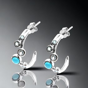 Avant Garde Blue Topaz & Turquoise Sterling Silver Half Hoop Earrings