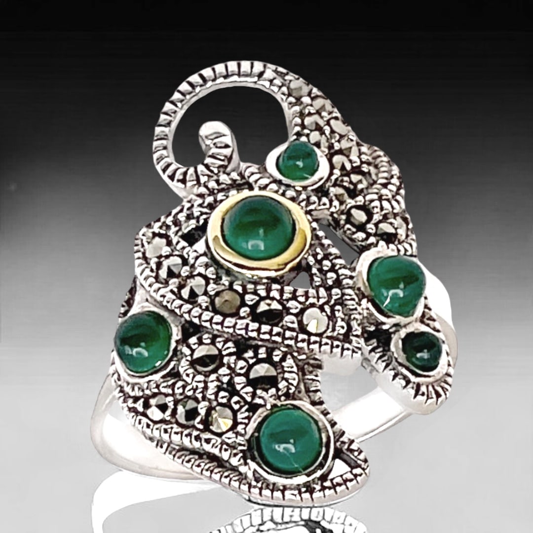 14K Gold & Sterling Silver Elephant Ring with Green Agate & Marcasite - Size 9 (1 of 1)