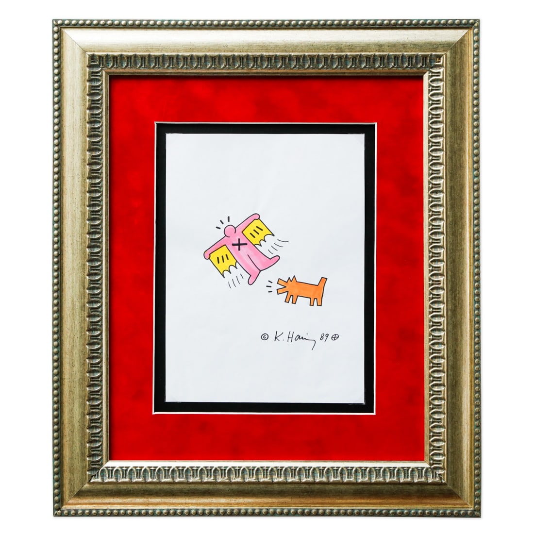 Framed Keith Haring Drawing (1989) Man in Pink with Yellow Wings (1 of 5)