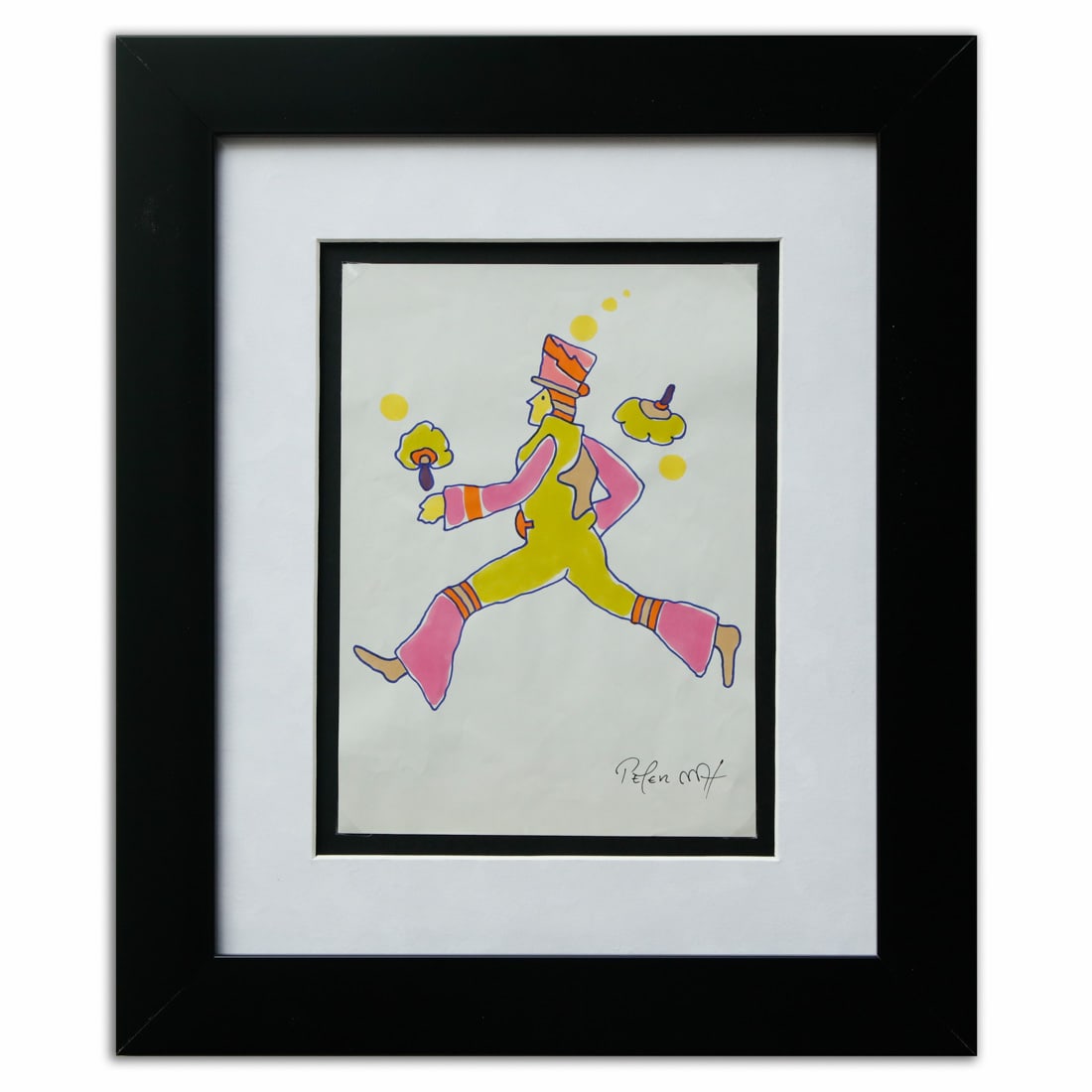Framed Peter Max Watercolor Drawing - Person Running with Yellow Dots and Bouquets (1 of 3)