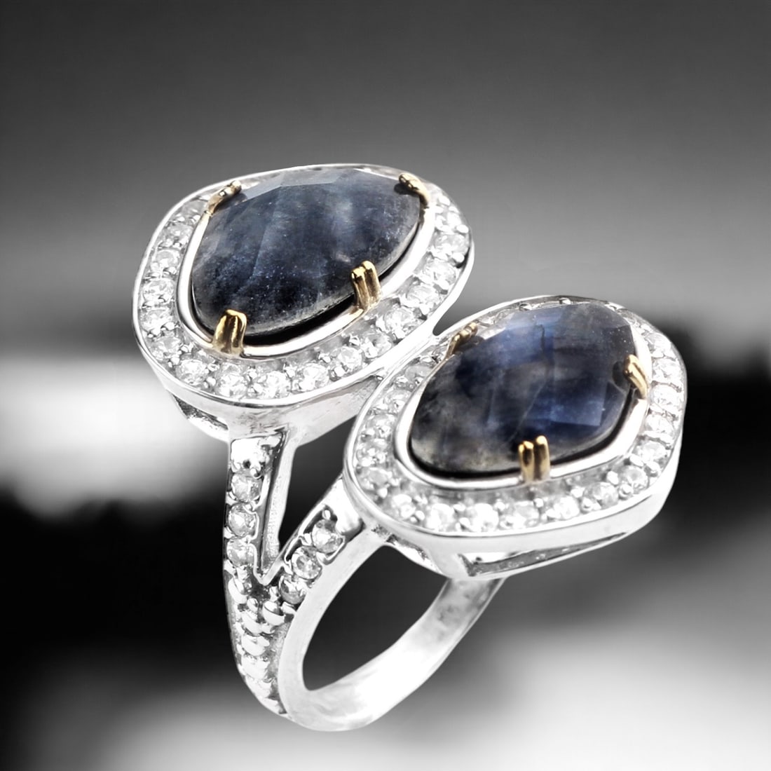 Black Onyx & Rainbow Moonstone Doublet Halo Ring with White Zircon Accents - Size 8 (1 of 1)