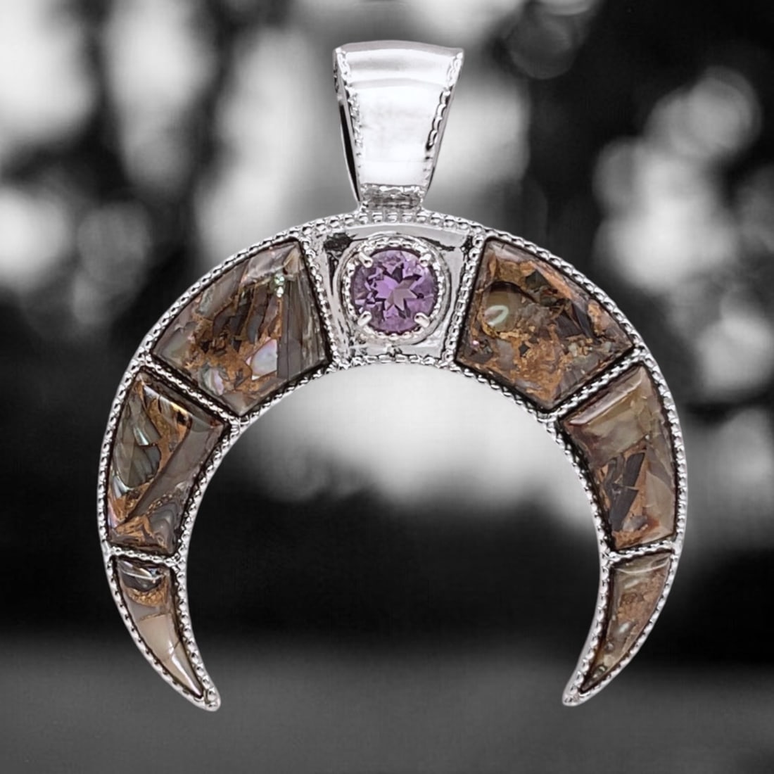 Double Horn Bronze Abalone Pendant with Dazzling Amethyst (1 of 1)