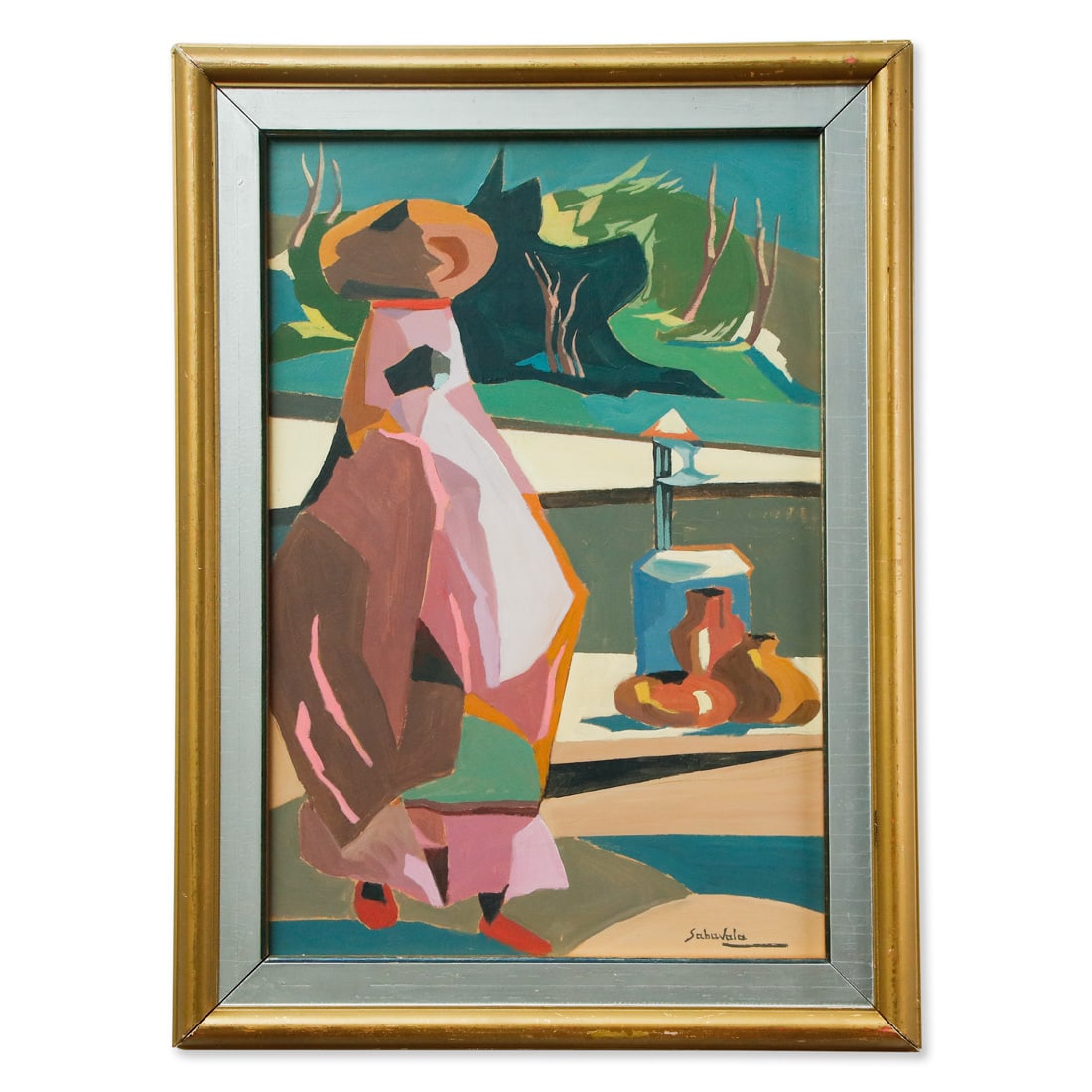 Jehangir Sabavala Oil on Canvas Painting: Original Jehangir Sabavala Painting. Item: “Woman Walking Towards a Water Well”. Artist: Jehangir Sabavala (1922-2011). Medium: Oil on Canvas. Signature: “Sabavala” inscribed on the bo