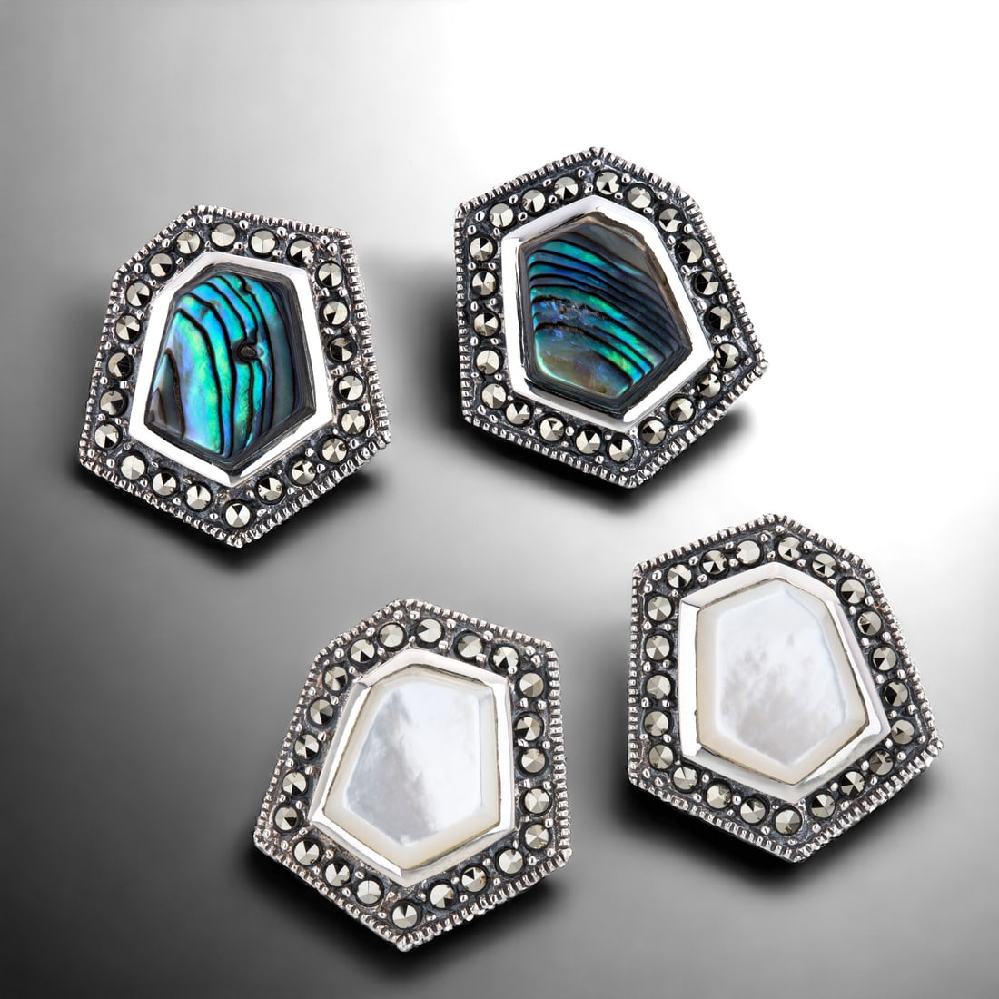 Set of 2 Sterling Silver Earrings: Abalone, Mother-of-Pearl, & Marcasite (1 of 1)