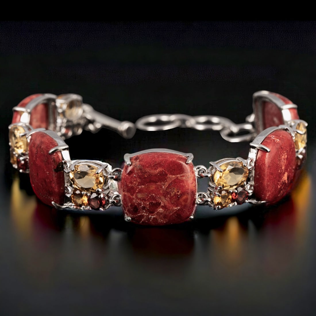Radiant Red Coral Sterling Silver Bracelet with Stunning Citrine & Garnet Gems - 7.75" (1 of 2)