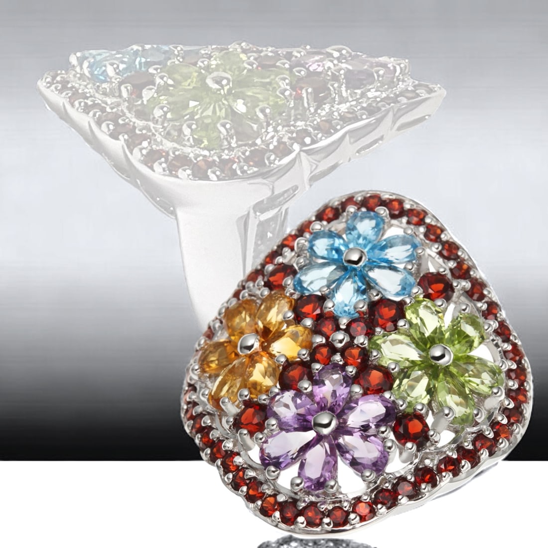 Epic Multi-Gemstone Flower Ring Crafted in Sterling Silver - Size 7 (1 of 1)