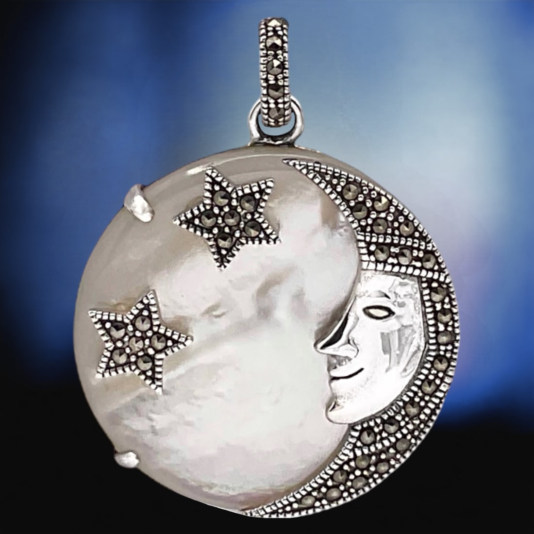 Marcasite and White Mother of Pearl Celestial Crescent Moon and Stars Disc Pendant (1 of 1)