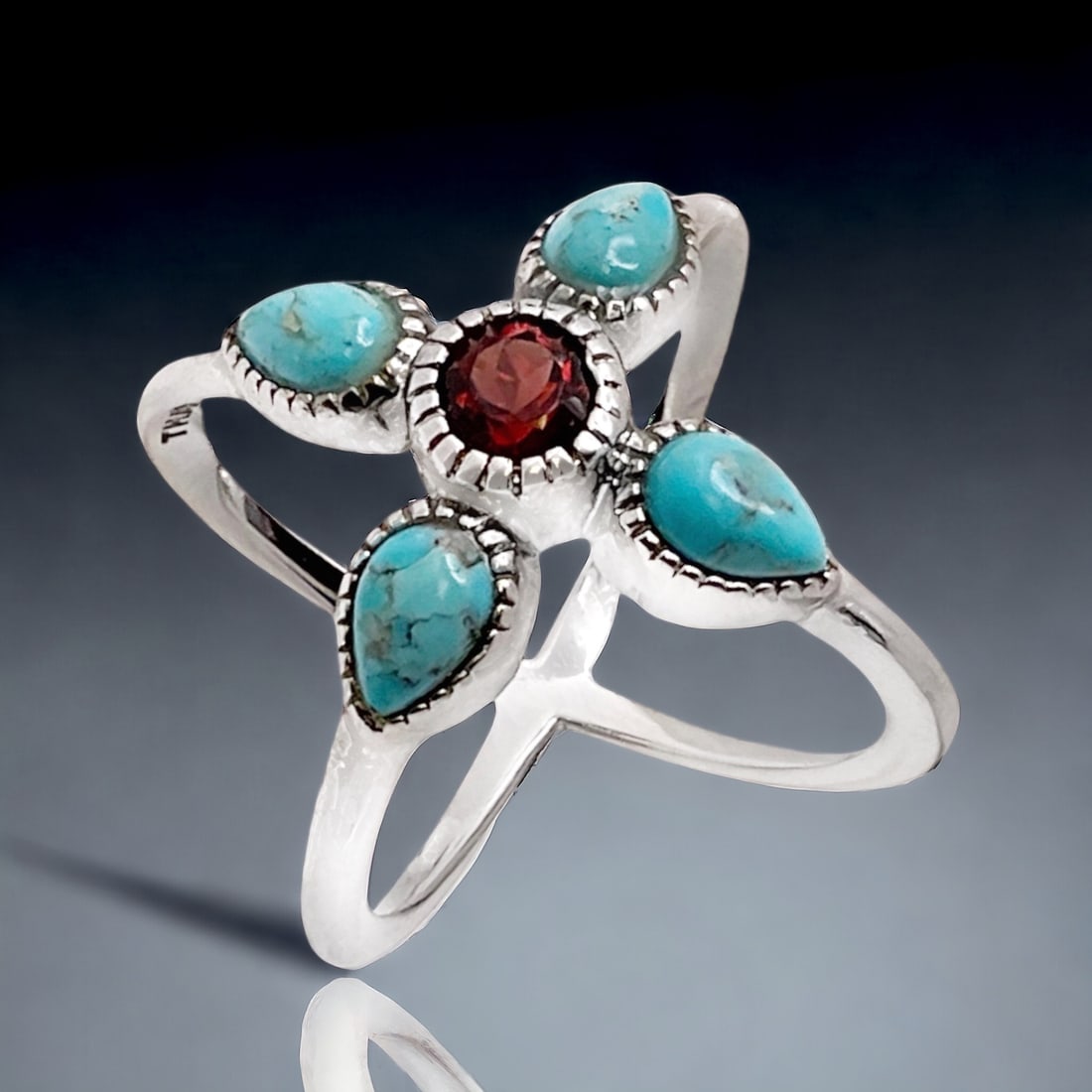 Turquoise & Garnet  Criss Crossed Sterling Silver Ring - Size 7 (1 of 1)