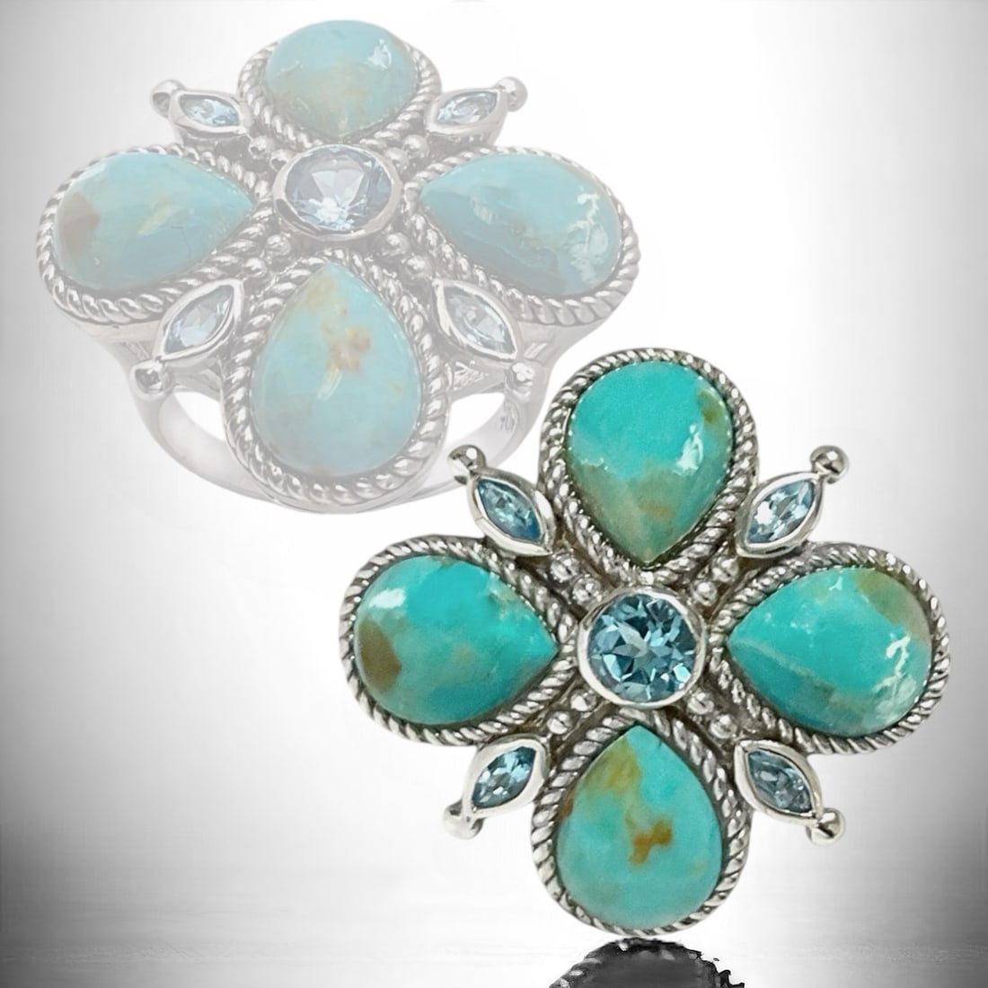 Clover Design Turquoise & Swiss Blue Topaz Sterling Silver Ring - Size 7 (1 of 1)