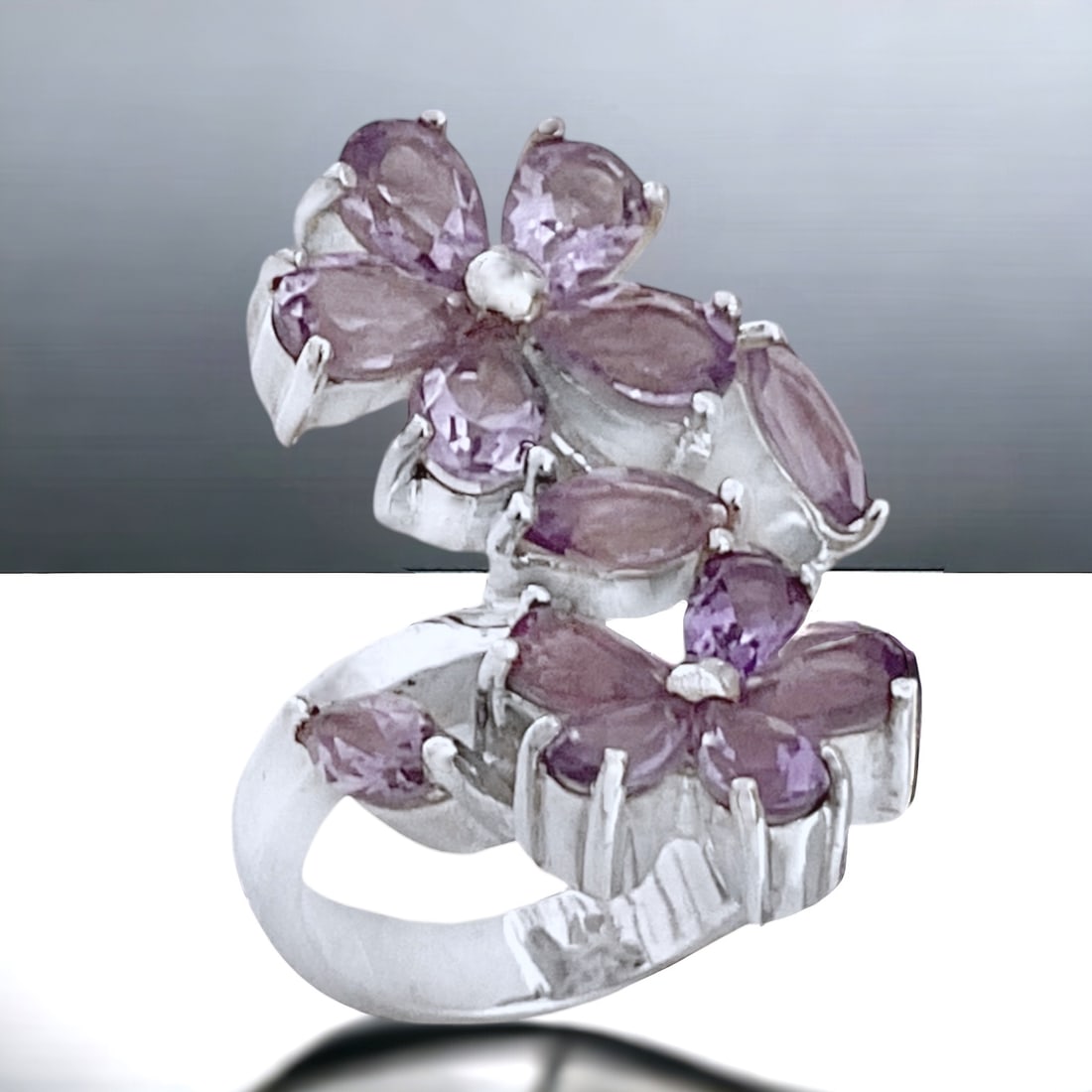 Sterling Silver Amethyst Flower Bypass Ring - Size 5 (1 of 1)