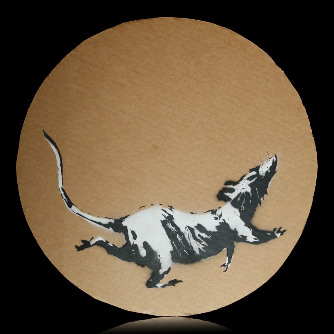 Banksy 16" Round Cardboard Art of a Rat: Banksy 16" Round Cardboard Art of a Running Mouse. Medium: Ink on cardboard. Dimensions: 16 inches in diameter. Signature: "Banksy" on the back. Subject: Mouse running. Historical Significance: This u