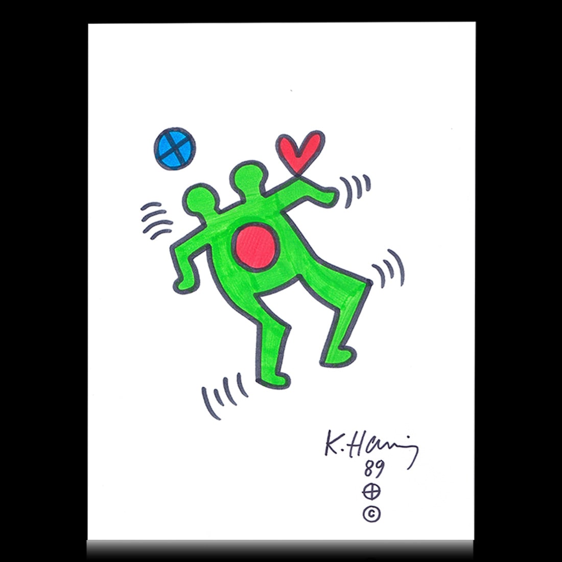 Keith Haring 8x12 Drawing of Green Man with Two Heads and Heart on Shoulder (1 of 1)