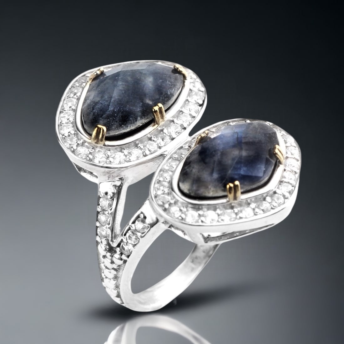 Black Onyx & Rainbow Moonstone Doublet Halo Ring with White Zircon accents - Size 8 (1 of 1)