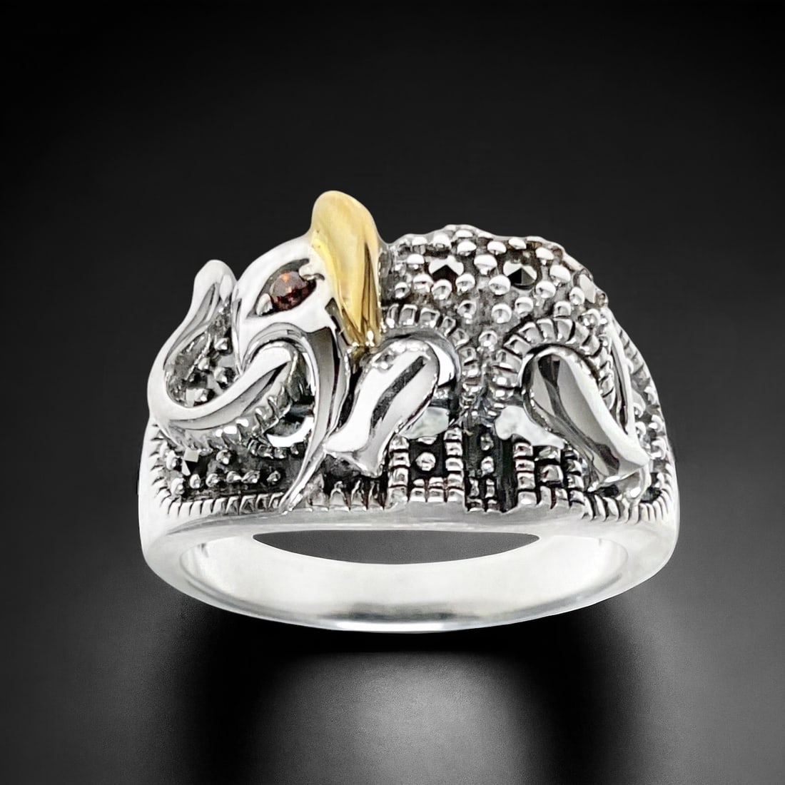 14K Gold & Sterling Silver Marcasite Elephant Ring, adorned with a captivating Garnet eye - Size 6 (1 of 1)
