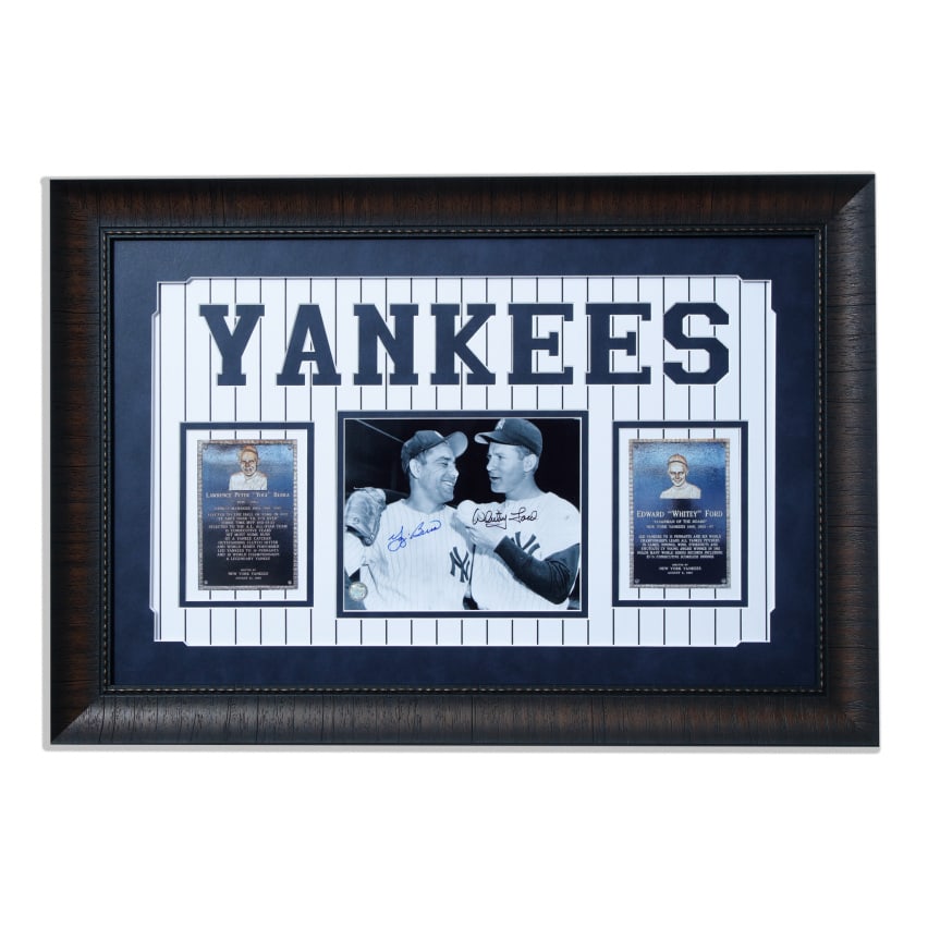 Yogi Berra & Whitey Ford Baseball Legends: This is a beautifully designed 32x22 custom framed and original Yogi Berra & Whitey Ford Autographed picture. This piece comes with a Certificate of Authenticity attached to the back