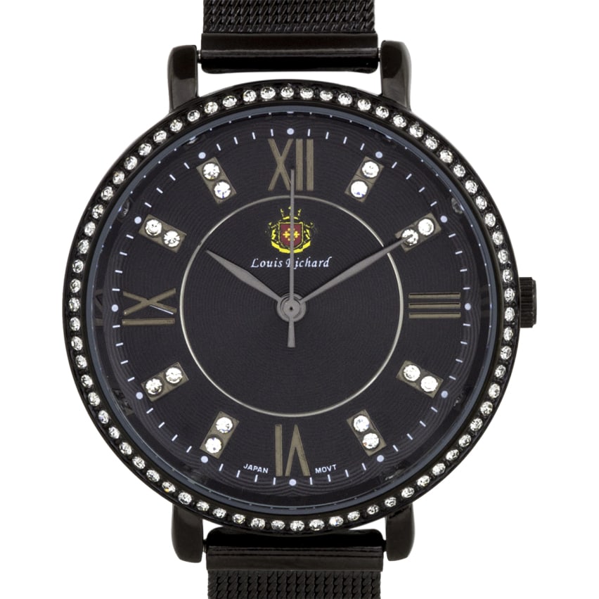 Louis Richard Luxury Mesh Band 36mm Case Watch: Louis Richard Luxury Ladies Watch: Modern 36mm case watch, multi-layered textured dial, stainless steel and metal case, crystals with Swarovski elements on the bezel. Luminescent hands, adjustable mes