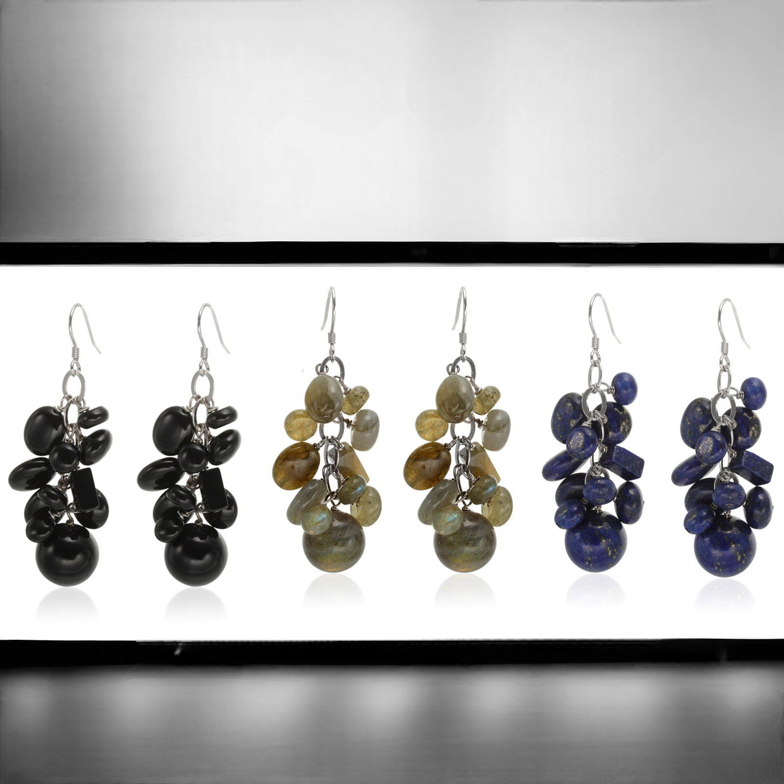 Set of 3 Gemstone Earrings! Black Onyx, Lapis Lazulli, & Labradorite all set in Sterling Silver for (1 of 4)