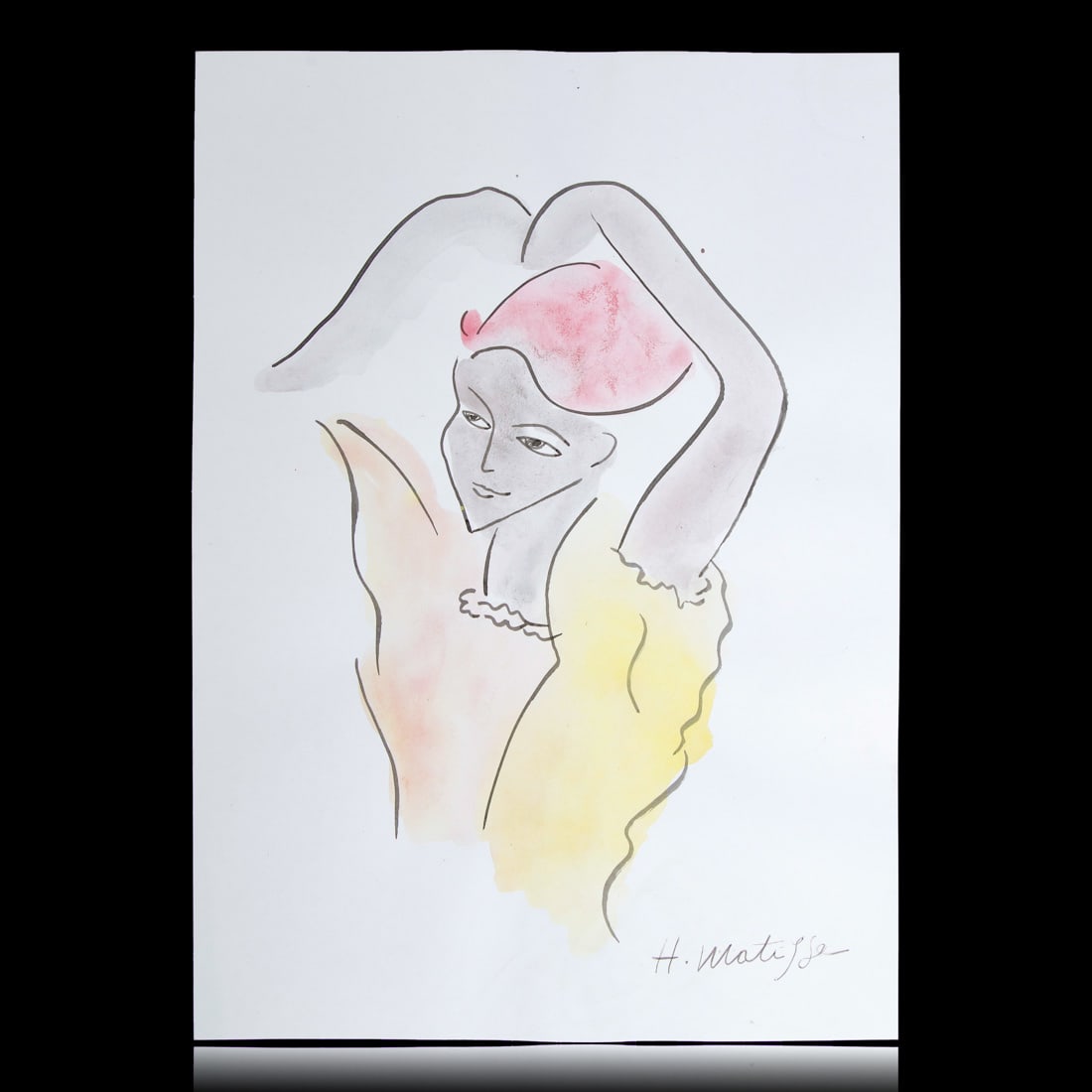 Henri Matisse (1869-1954) - Drawing and Watercolor: Henri Matisse (1869-1954) - Drawing and Watercolor. Dimensions: 12" x 8". Description: This exquisite drawing and watercolor by Henri Matisse features a woman with her arms raised above her head, a po