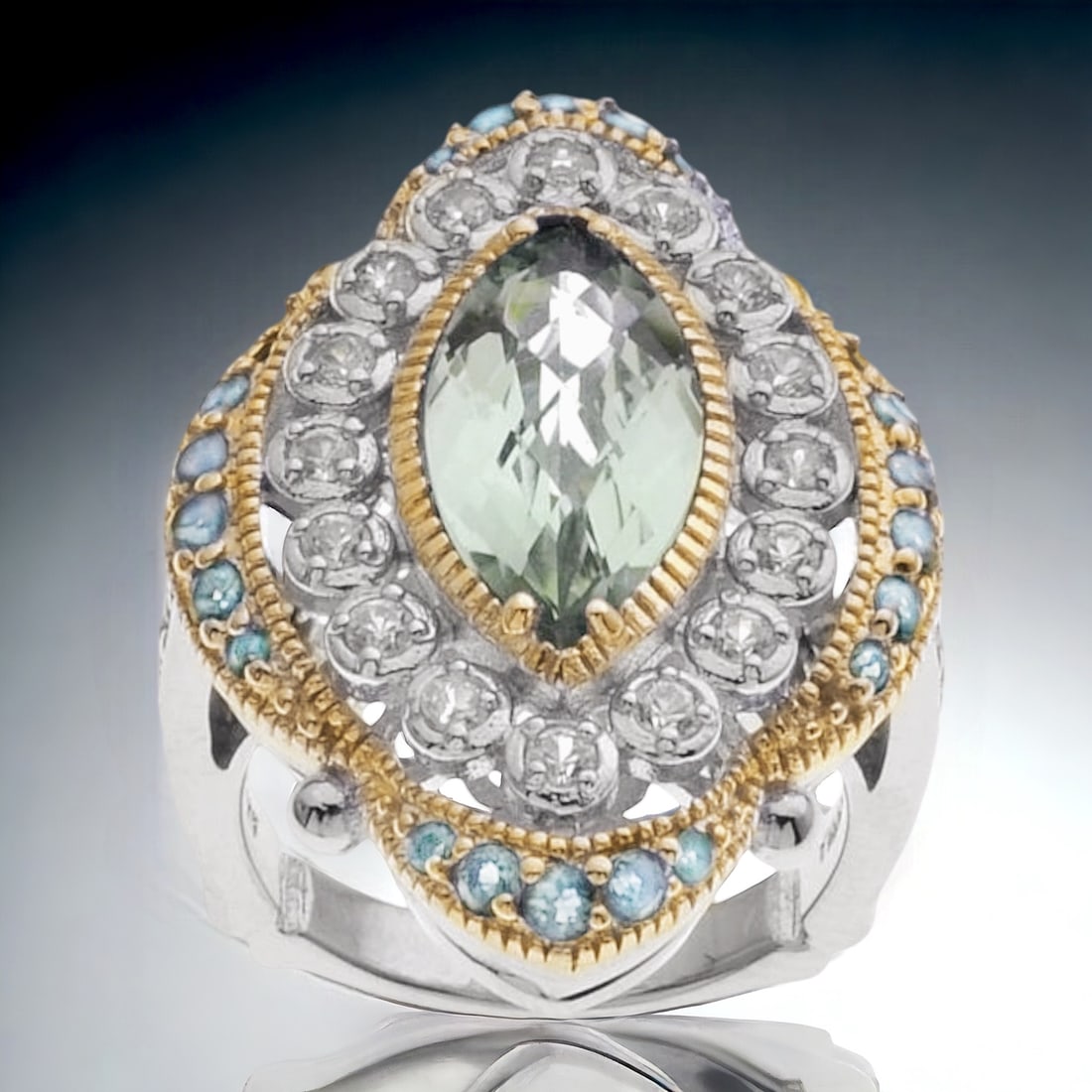 Majestic Green Amethyst Sterling Silver Ring adored with Swiss Blue Topaz & White Topaz Gemstones - (1 of 1)
