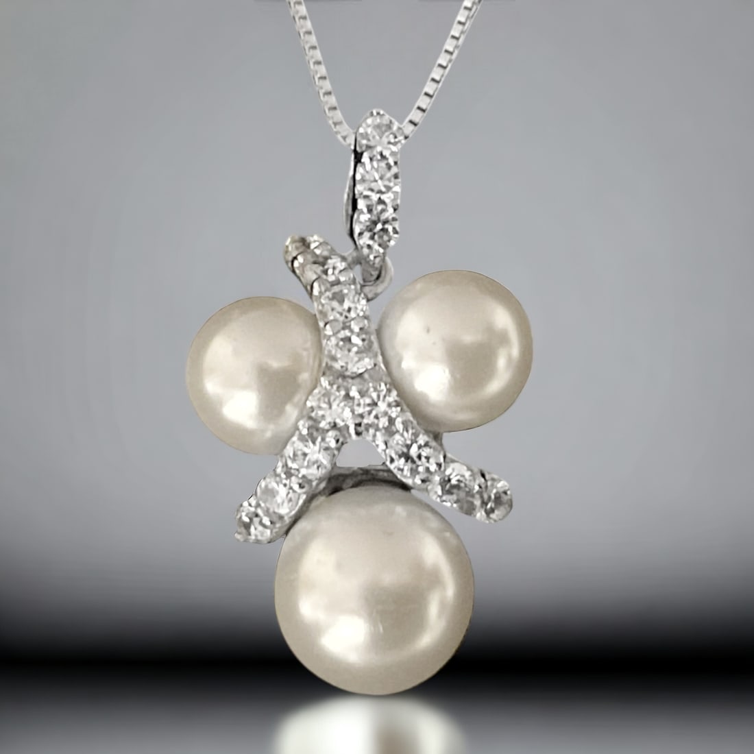 One-of-a-Kind Pearl 18" Necklace adored with sparkling Simulated Diamonds all set in Sterling Silver (1 of 1)
