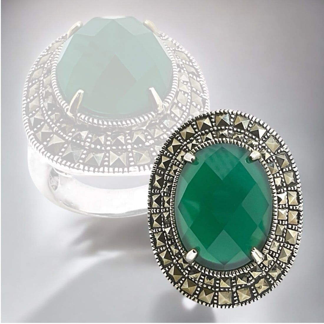 Deep Green Agate center stone set in Sterling Silver and surrounded by Marcasite in a Size 7 Ring (1 of 1)