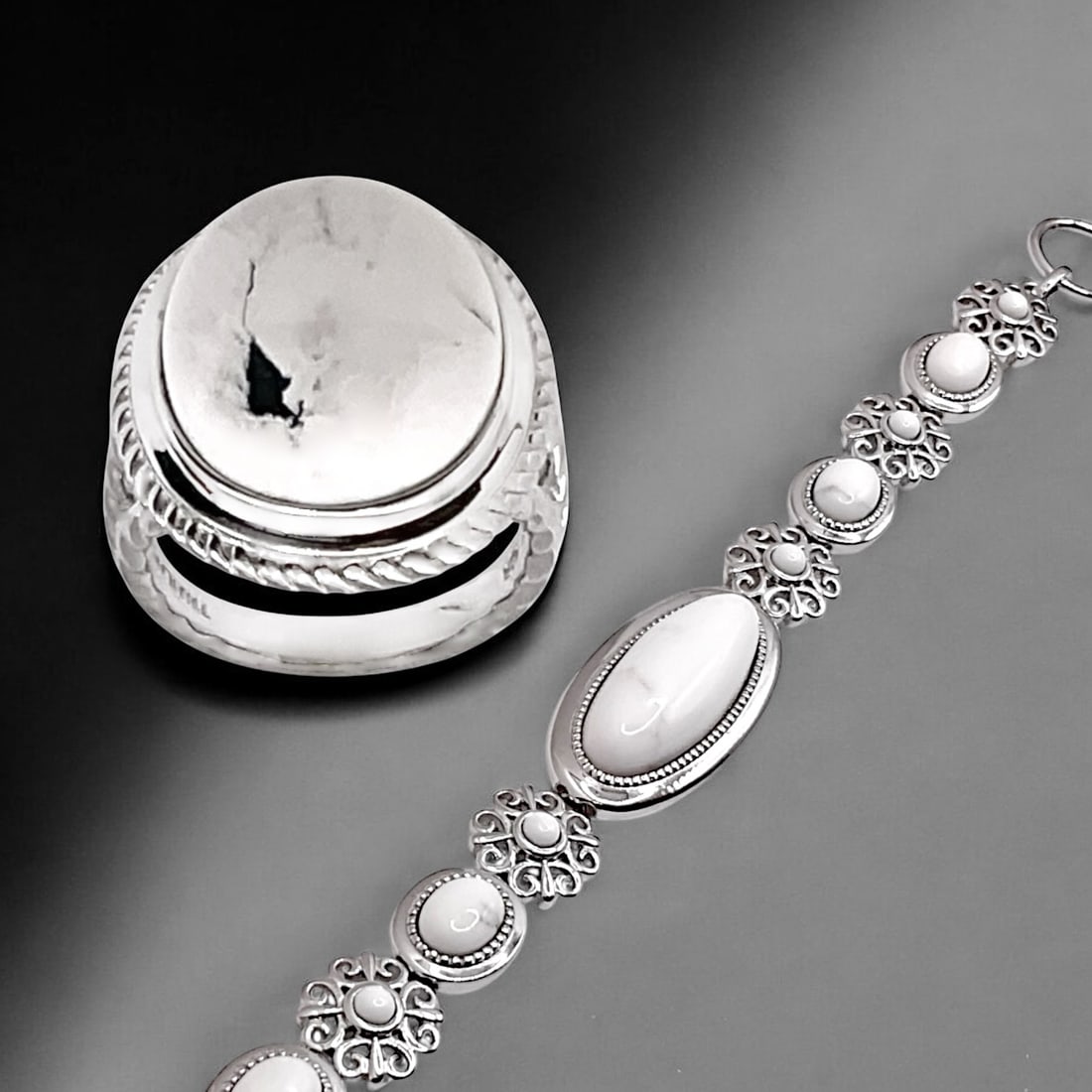 Epic Set of White Buffalo Sterling Silver Jewelry: 7.75" luxorious Bracelet and size 7.25 Ring (1 of 2)