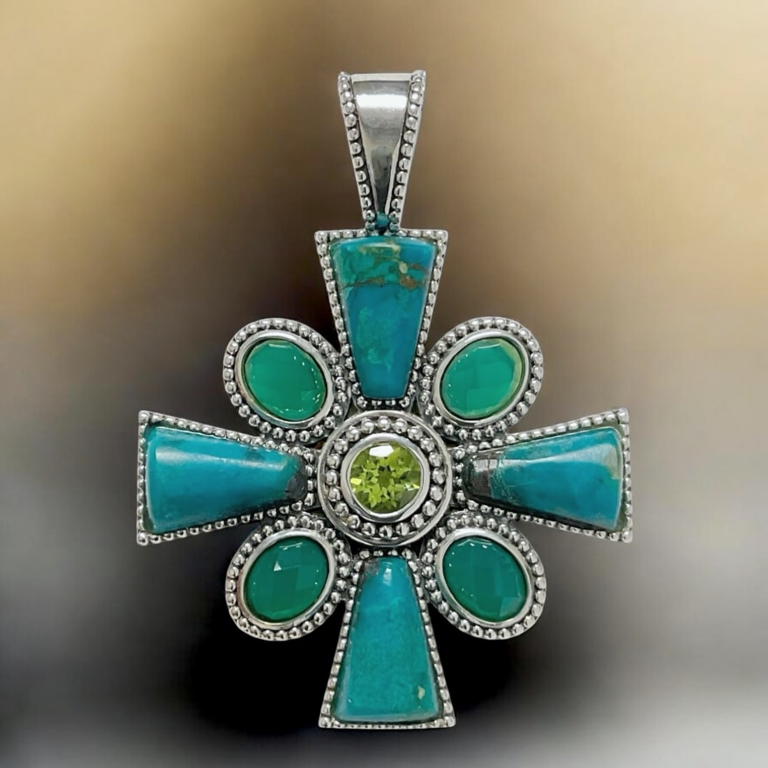 Maltese Cross Sterling Silver Pendant and an array of Chrysacolla, Green Agate, and Peridot (1 of 1)