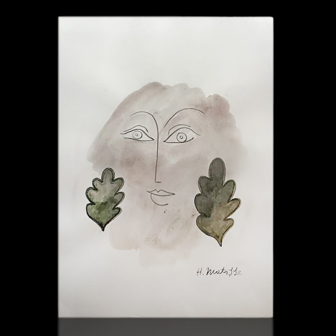 Henri Matisse 8x12 Watercolor of Face with Leaves: We are pleased to present a captivating piece of art history: an 8x12 color drawing of a woman's head with a leaf on each side, attributed to the renowned artist Henri Matisse. This exquisite drawing 