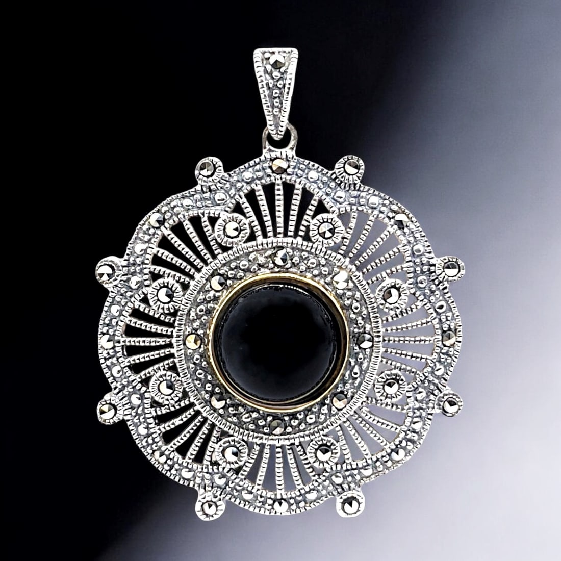 Regal Black Agate & Marcasite Pendant crafted in 14K Gold & Sterling Silver (1 of 1)