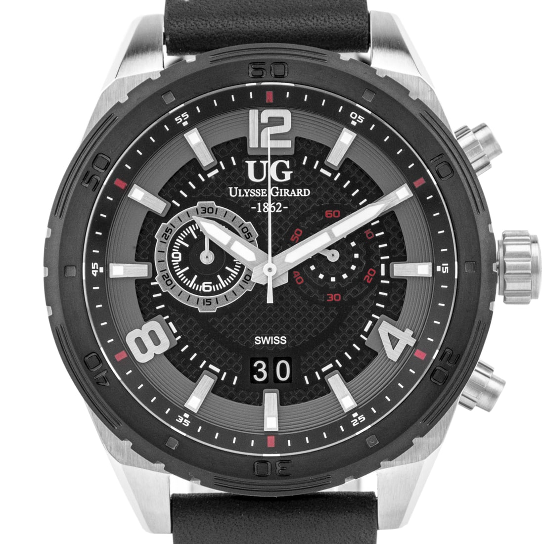 Ulysse Girard Bombardier Swiss Chronograph Watch: Swiss Chronograph - Swiss Ronda 5020.B Movement, Luminescent Hands. Stainless Steel, 48mm case, 100m Water Resistant, Sapphire Crystal, Adjustable Leather Strap.