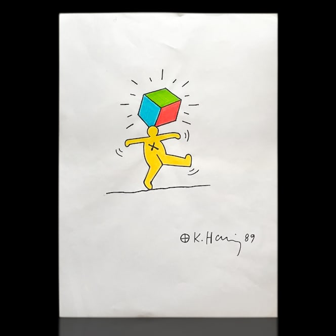 Keith Haring 1989 8x12 Color Drawing of Yellow Man with Cube on Head (1 of 1)