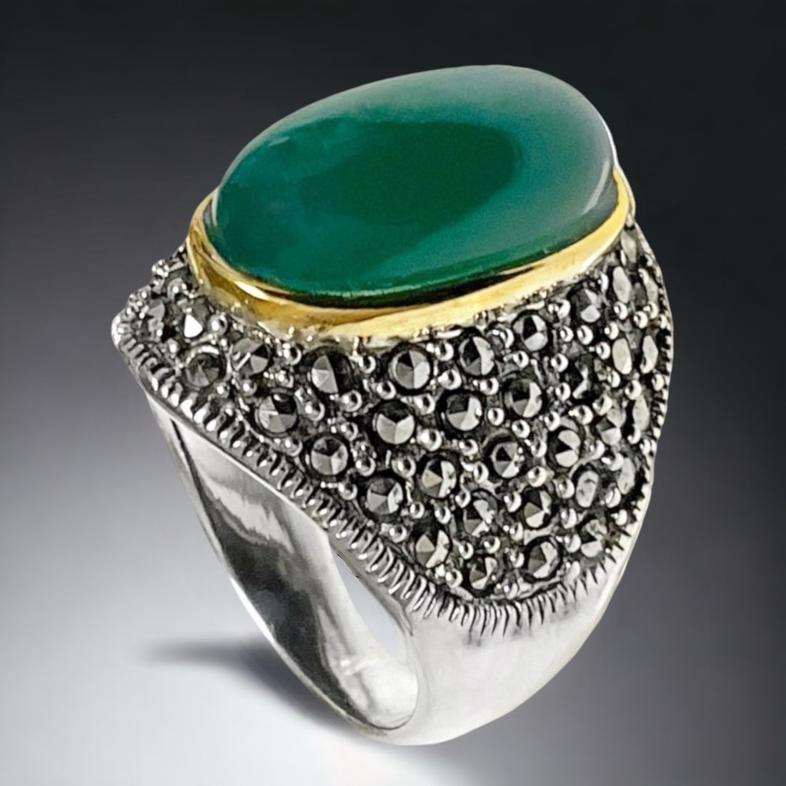 14K Gold & Sterling Silver Green Agate & Marcasite Ring - Size 7 (1 of 1)