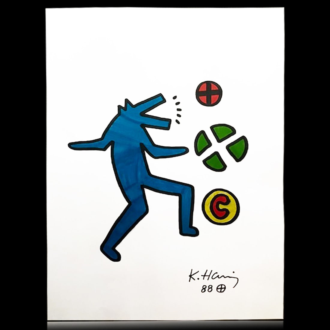 Keith Haring 88 8X12 color drawing of dancing blue dog with symbols on the right (1 of 1)