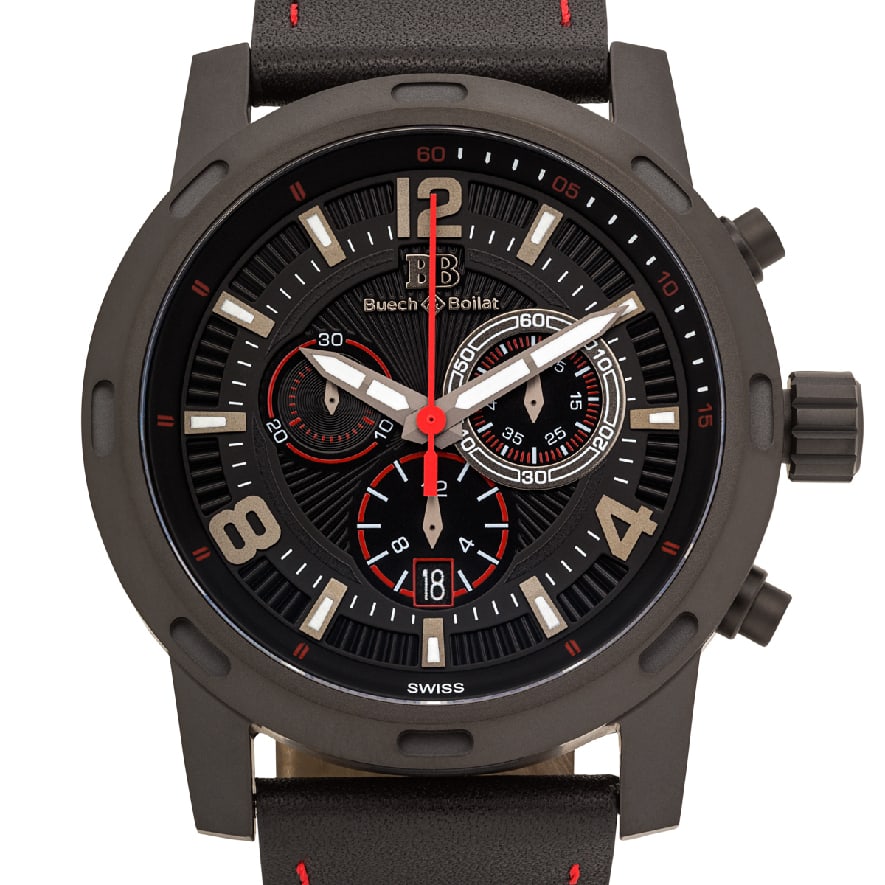 Buech & Boilat Baracchi Swiss Chronograph Watch: Swiss Chronograph: 316L stainless steel case, bezel, buckle. Superluminova hour markers on a multi-layered dial. Sapphire crystal, Swiss Ronda 5030.D movement, 46mm case, 24mm wide leather strap, wate