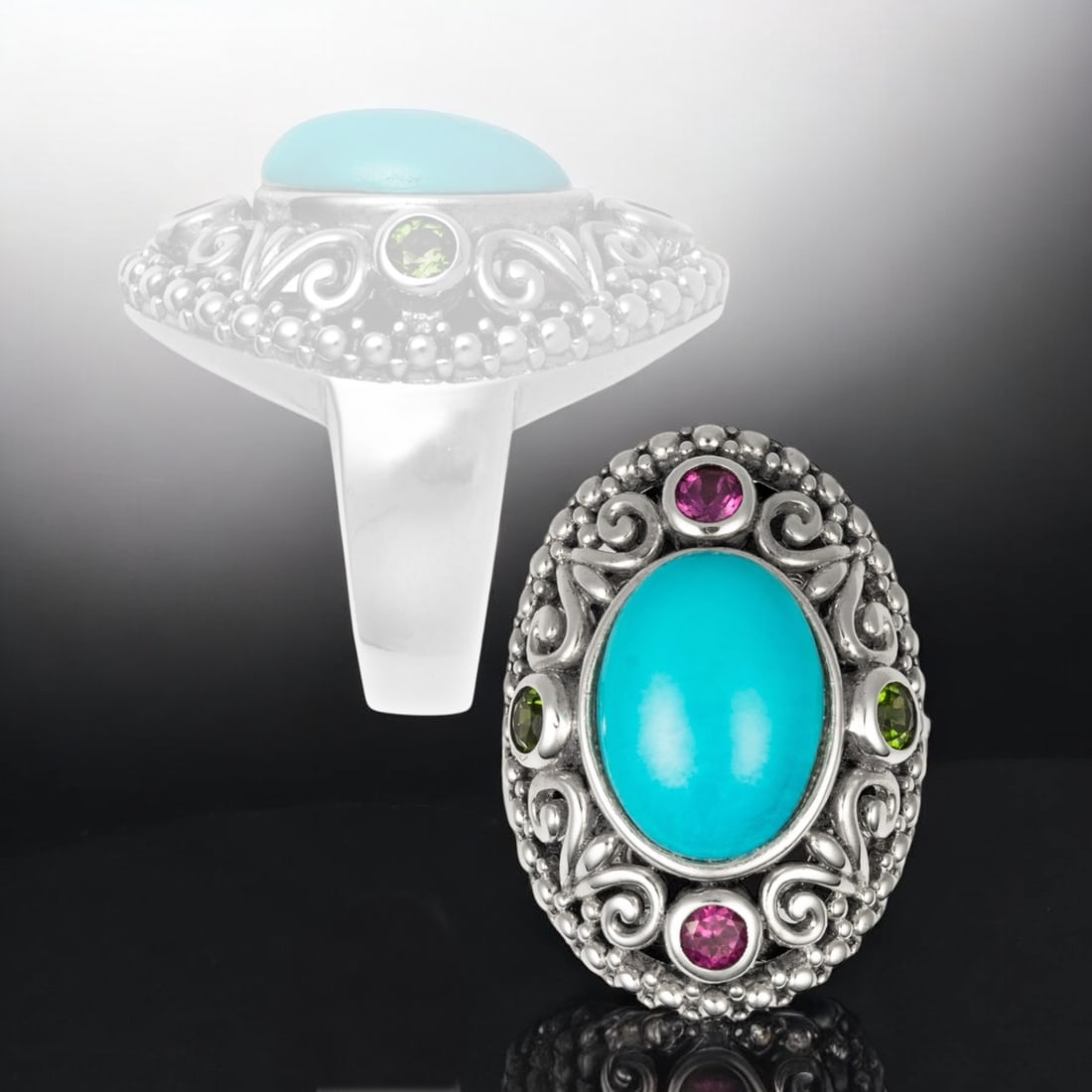 Bali design Turquoise Sterling Silver Ring with Chrome Diopside & Rhodolite Garnet (1 of 1)