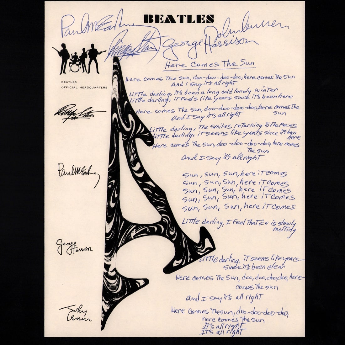 Forensically Authenticated Beatles Signed Handwritten "Here Comes The Sun" Lyrics (1 of 3)