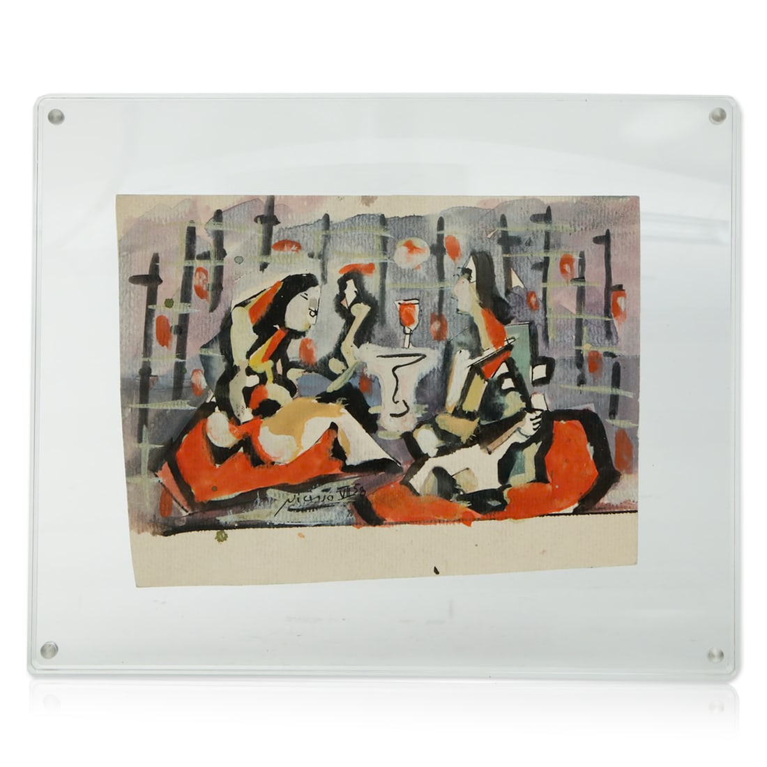 Pablo Picasso Watercolor and Drawing - 6" x 8": Two People Sitting with a Wine Glass. Artist: Pablo Picasso. Medium: Watercolor on paper. Dimensions: 6" x 8". Date: 1958 (Signed with date '58 and Roman numeral VI). Provenance: Consigned from the li