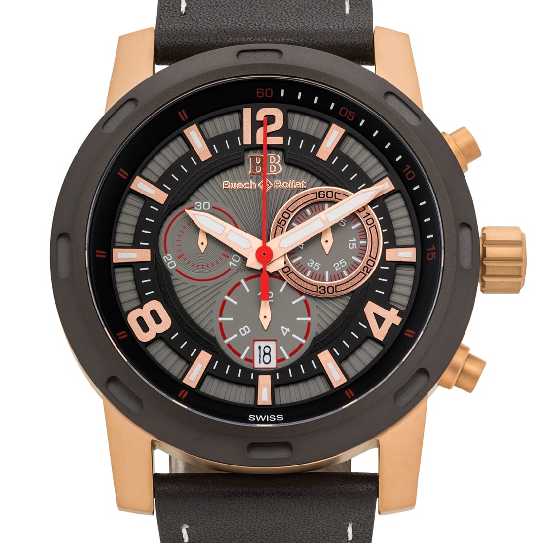 Buech & Boilat Baracchi Swiss Chronograph Watch: Swiss Made Ronda 5030.D Chronograph Movement, Sapphire Crystal, 46mm 316L Stainless Steel Case, Bezel and Buckle. Exceptional Dial Details with Swiss Superluminova Filled Hour Markers. Rated to 100 me