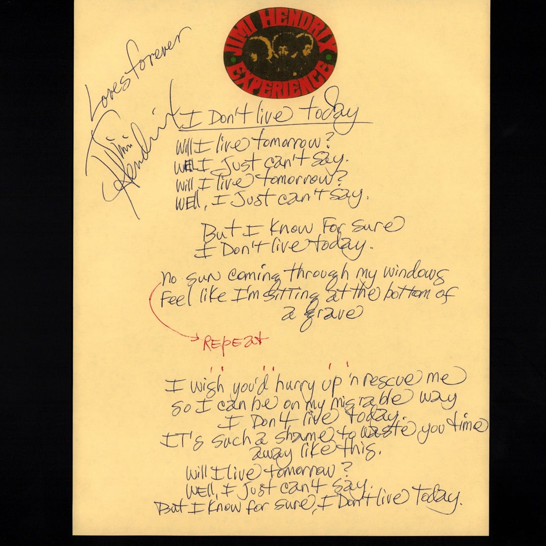 Forensically Authenticated Jimi Hendrix Handwritten "I Don't Live Today" Lyrics (1 of 3)