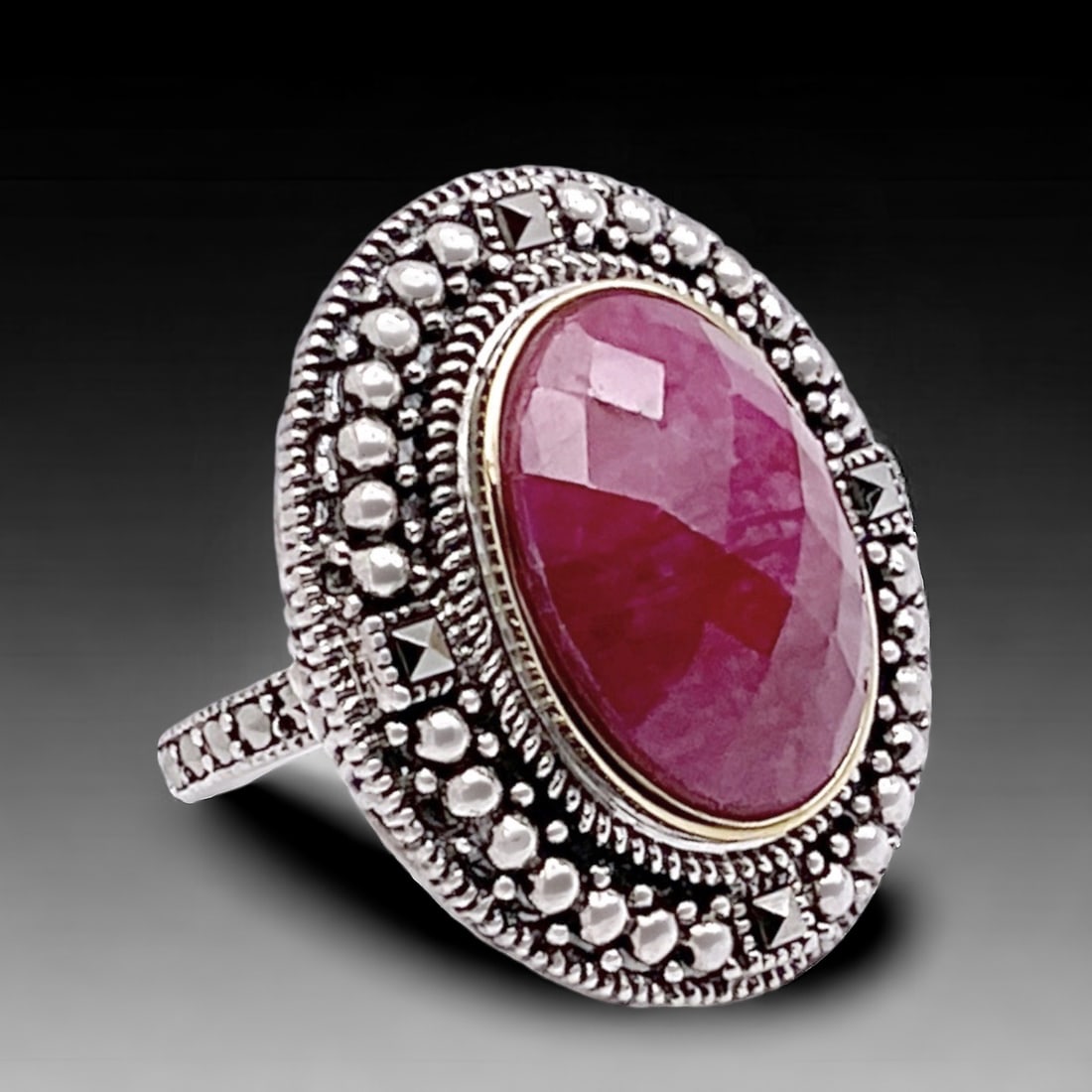 14K Gold & Sterling Silver Cherry Quarz & Marcasite Ring - Size 10: Product Details Item: Ring Metal: 14K Gold & Sterling Silver Gemstone: Cherry Quartz & Marcasite Approximate Measurements: Width: 29.4 mm Ring Size: 10 Chain Length: Not Applicable Chain