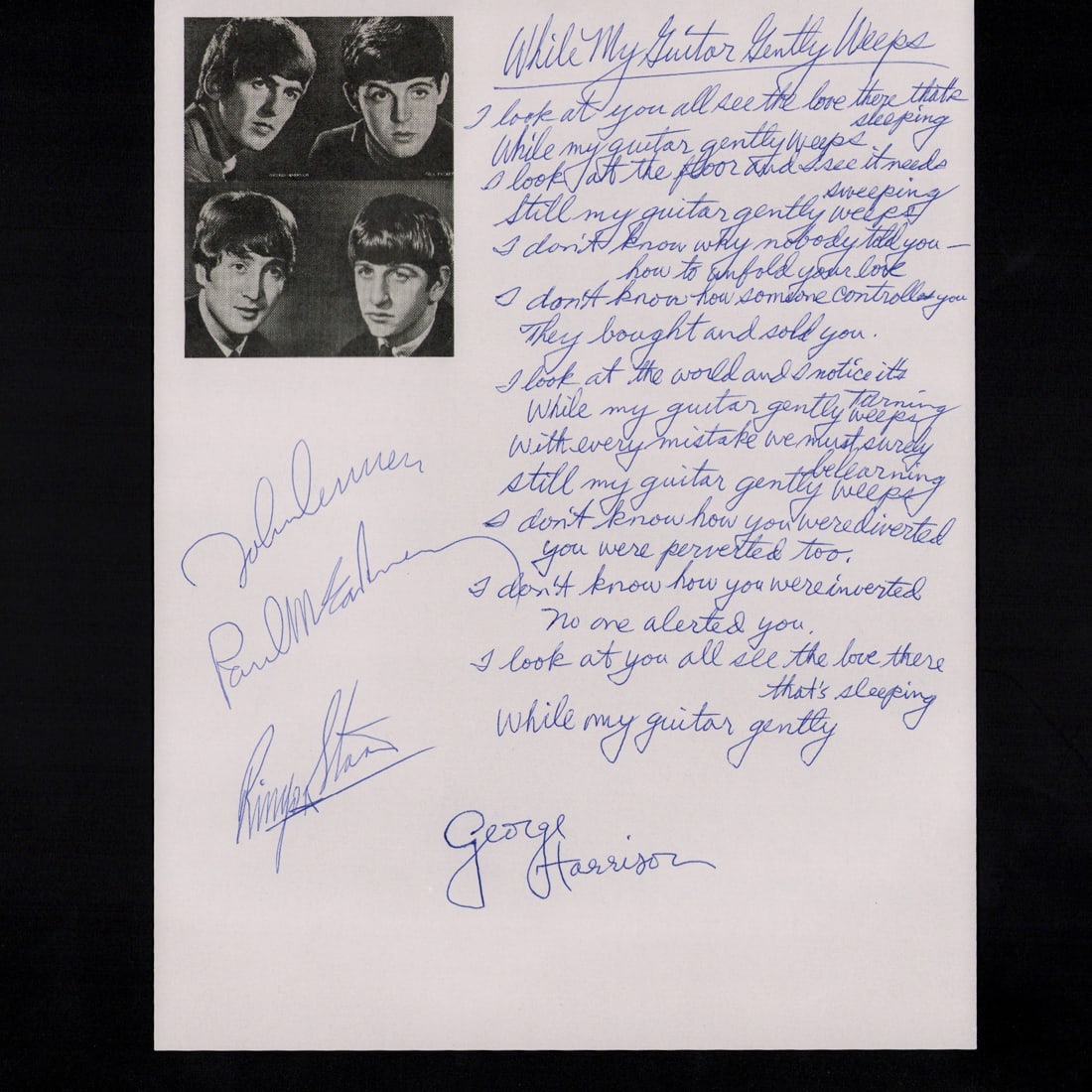 Beatles Signed Handwritten "While My Guitar Gently Weeps" Lyrics on Beatle's Stationary (1 of 3)